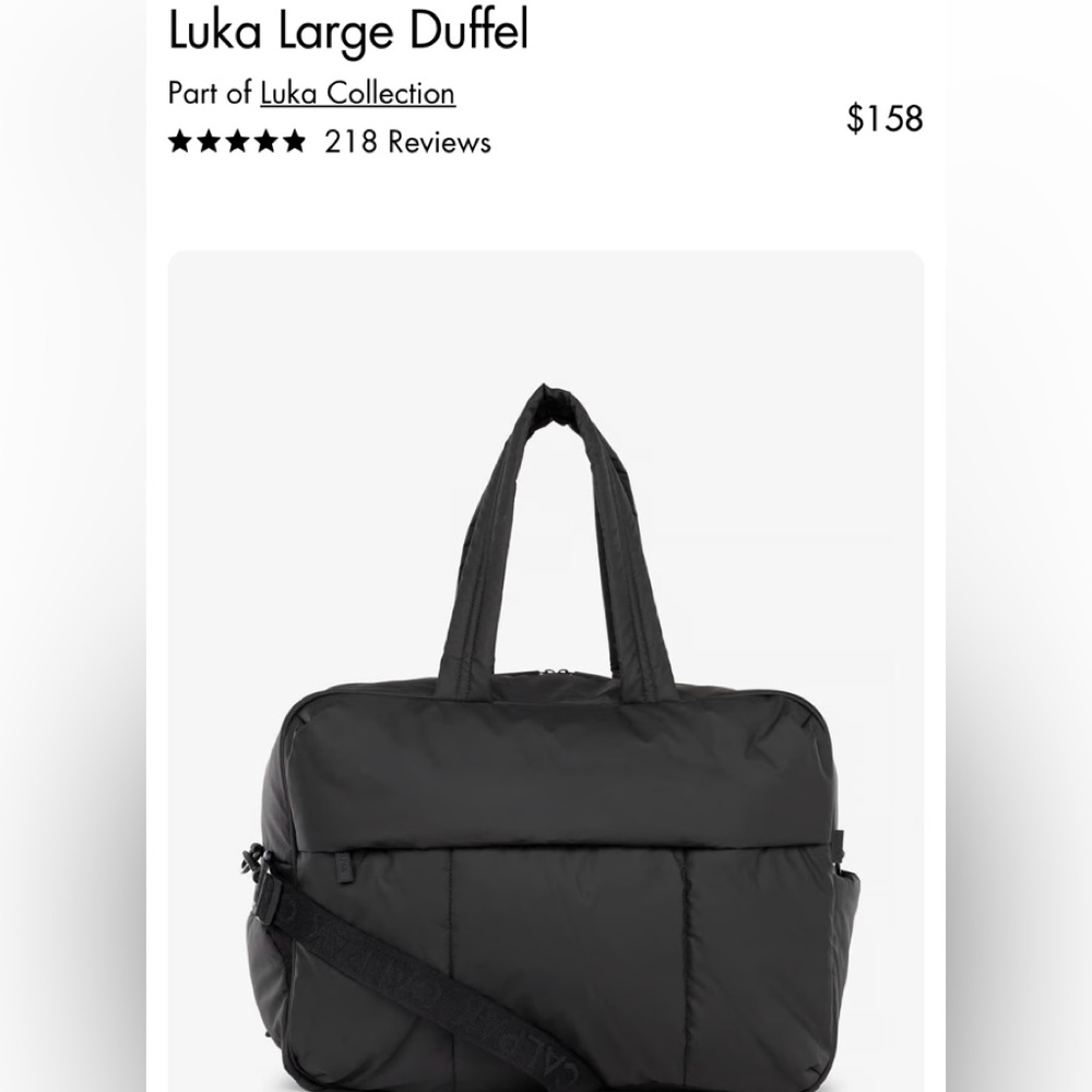 NWT Calpak Luka Large Duffel- black color- 15.5 x 19 x 9.5 in inches (size)